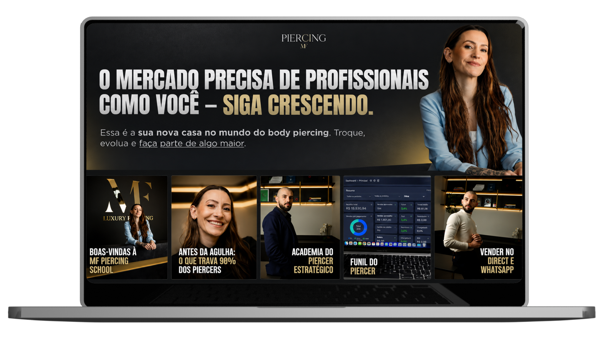 Área de membros personalizada exibida em notebook, no estilo Netflix
